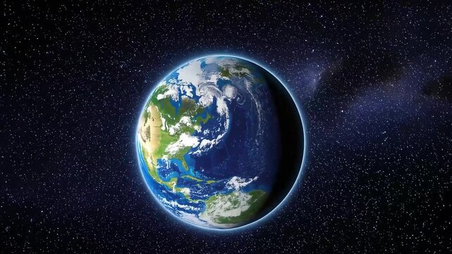 Bright daylight shot of Earth from orbit, highlighting landmasses and atmospheric detail.