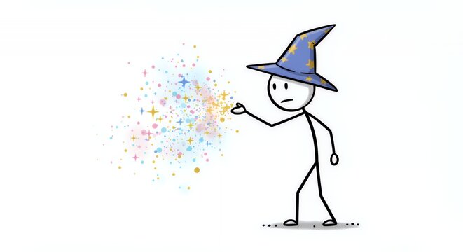 Stickman Wizard Casting a Sparkling Spell on a White Background with Star Hat