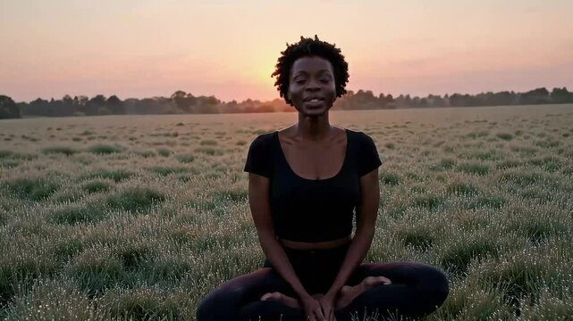 Individual meditating in a field at sunset, radiating inner peace and reflection.