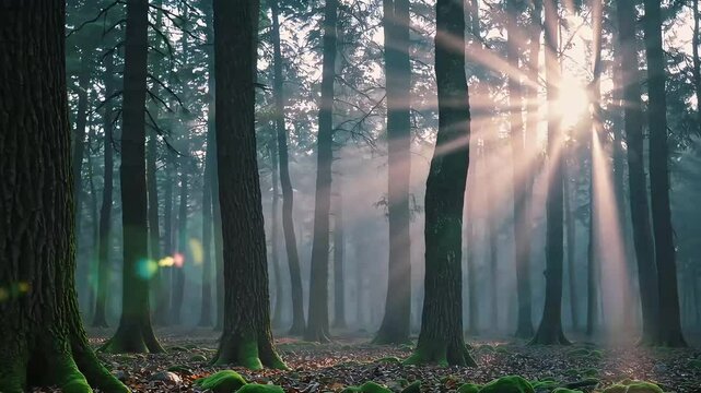 Sunlight piercing through a dense forest, creating an ethereal and calming effect.