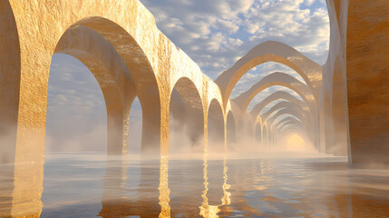 Mirage of tomorrow: futuristic arab cityscape with water channels, mirrored arches, and swirling dust in cinematic wide shot. [Steamspire Wastes] | Heatshade Crag | mirage wall. Illustration