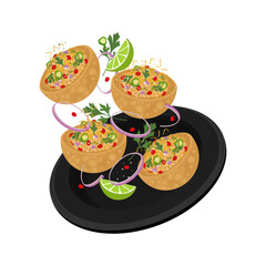 Vector Illustration logo Clipart Levitation Katori Chaat Aloo Tikki Chaat Aloo Tokri Chaat on a Black Plate
