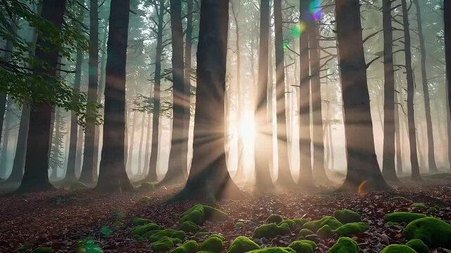 Light beams cutting through tall pine trees in a mystical morning forest scene.
