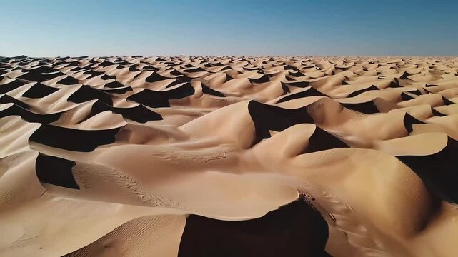 Vast desert landscape with smooth sand dunes under a clear sky, showcasing natural beauty.
