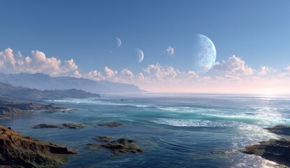 Tranquil alien coastline with celestial bodies