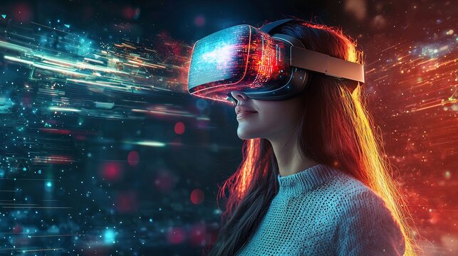 Futuristic woman wearing high tech vr goggles, surrounded by a glowing glitch effect in cyberspace, immersive virtual reality experience in modern digital art style