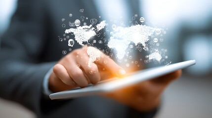 A businessman interacts with a digital tablet displaying an illuminated world map surrounded by various global connectivity icons symbolizing international communication and technology