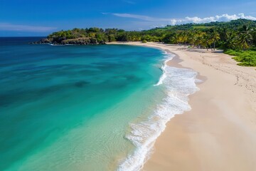 Serene Tropical Beach with Clear Waters and Lush Greenery Under a Blue Sky