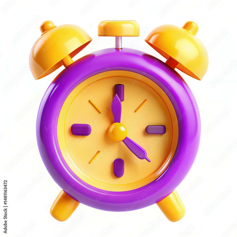 Poster a colorful alarm clock with purple and yellow elements, featuring a rounded design and simple dial.