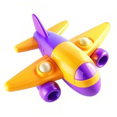 A colorful toy airplane in vibrant purple and yellow, designed for children, showcasing modern playtime creativity.