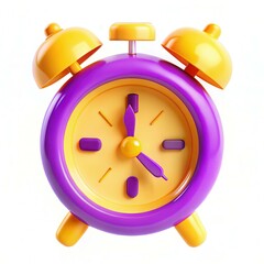 A colorful alarm clock with purple and yellow elements, featuring a rounded design and simple dial.