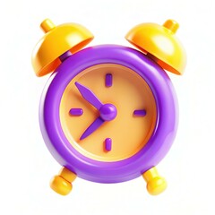 A colorful cartoon alarm clock featuring purple and yellow colors with a simplistic design.