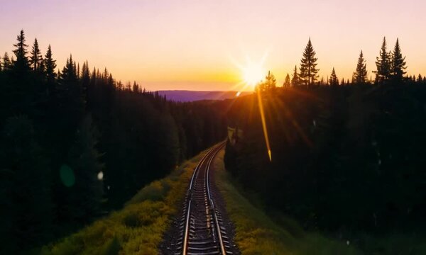 Dilapidated train tracks traversing a forest of fir trees at sunset