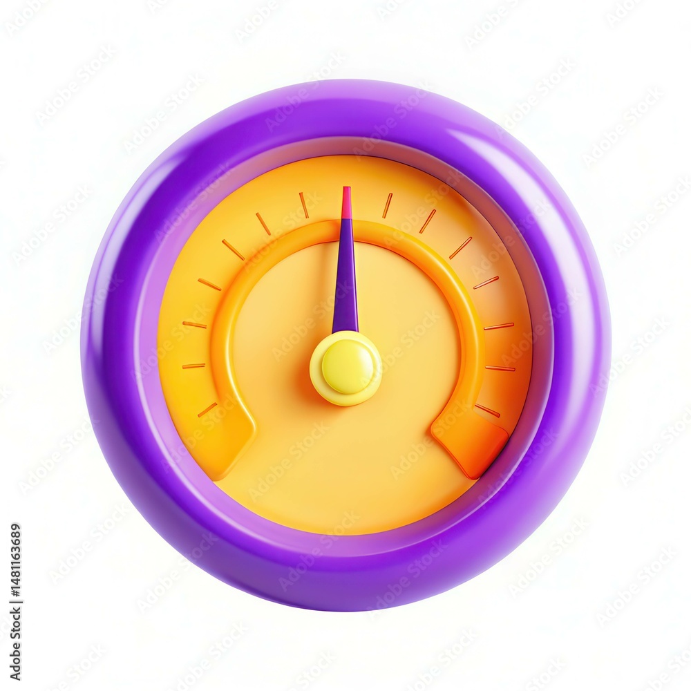 Poster a colorful round gauge with a purple frame and orange meter, showcasing a pointer on a white backgro