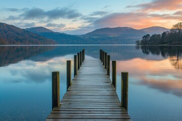 Fototapeta premium Serene wooden pier extending into a tranquil lake at sunrise, surrounded by mountains and trees