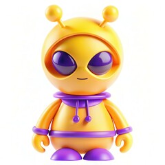 A cute cartoon alien character with a yellow body, purple accents, and large eyes, designed in a modern playful style.