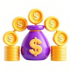 A vibrant purple money bag surrounded by golden coins and stacked coins, symbolizing wealth and prosperity.