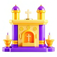 A colorful altar with golden and purple columns, candles, and a cross atop, showcasing modern design elements.