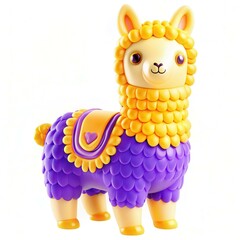 A colorful cartoon llama toy with a fluffy texture, featuring a vibrant purple and yellow design, enhancing its playful appearance.