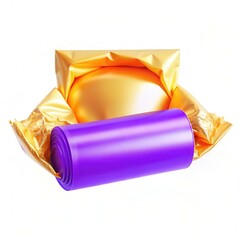 A vibrant roll of purple material wrapped in shiny gold packaging, showcasing a modern design with colorful textures.