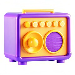 A colorful retro-style radio with purple and yellow hues and classic knobs.