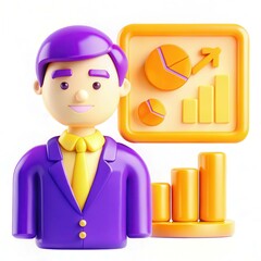 A colorful 3D character in a suit stands in front of a display featuring graphs and charts.