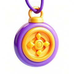 A colorful purple and yellow pendant with a unique design, featuring a circular shape and decorative buttons.