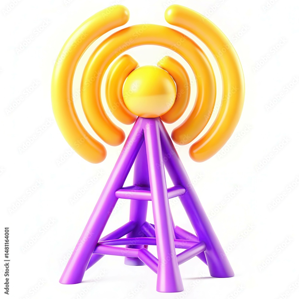 Poster a colorful toy resembling a radio tower with circular wave patterns in yellow and orange atop a purp