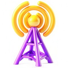 A colorful toy resembling a radio tower with circular wave patterns in yellow and orange atop a purple base.