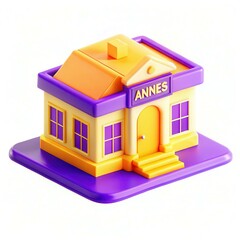 A colorful plastic toy house with yellow and purple colors, featuring a door and steps, labeled 'ANNES'.