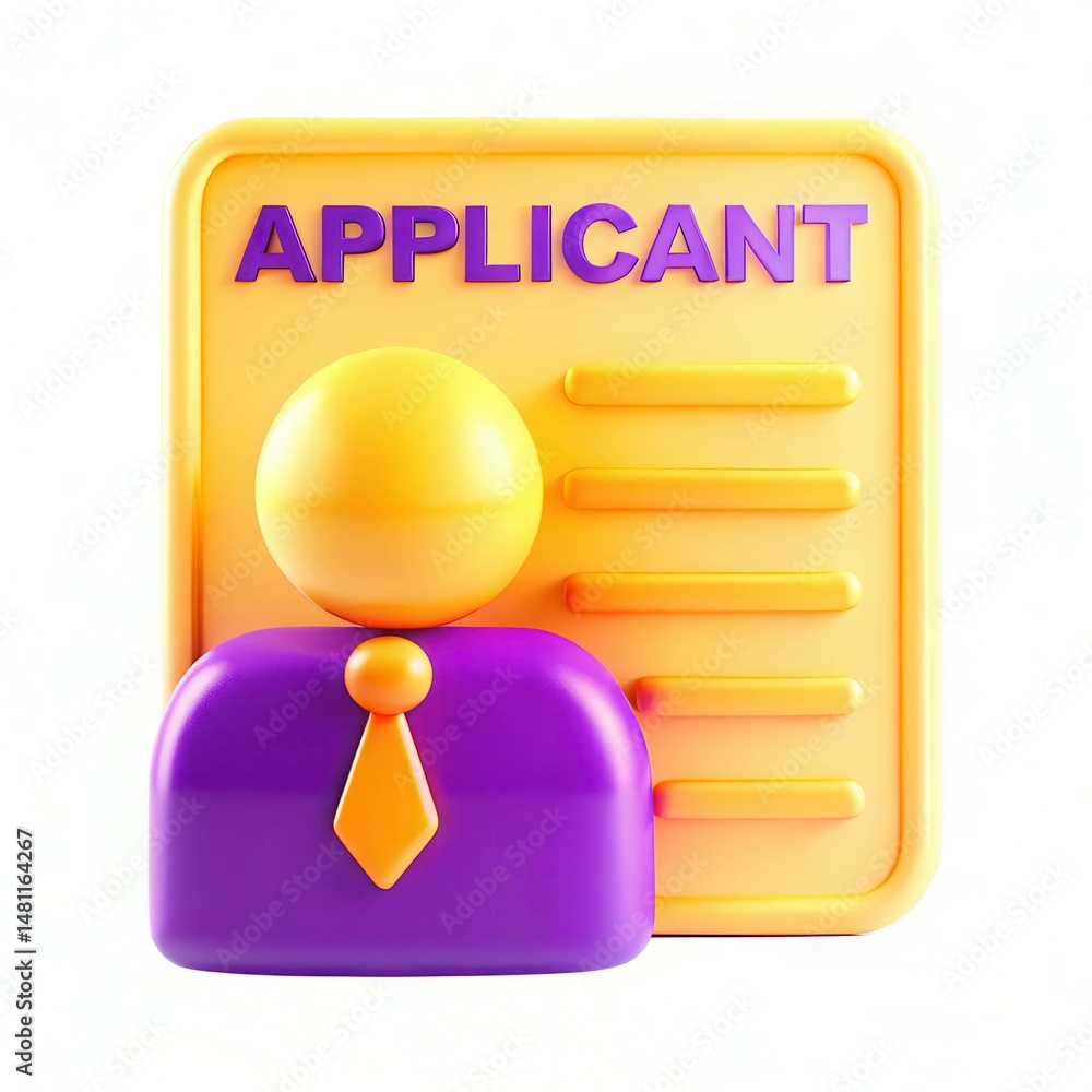 Poster a colorful 3d representation of an applicant figurine beside a stylized application form.