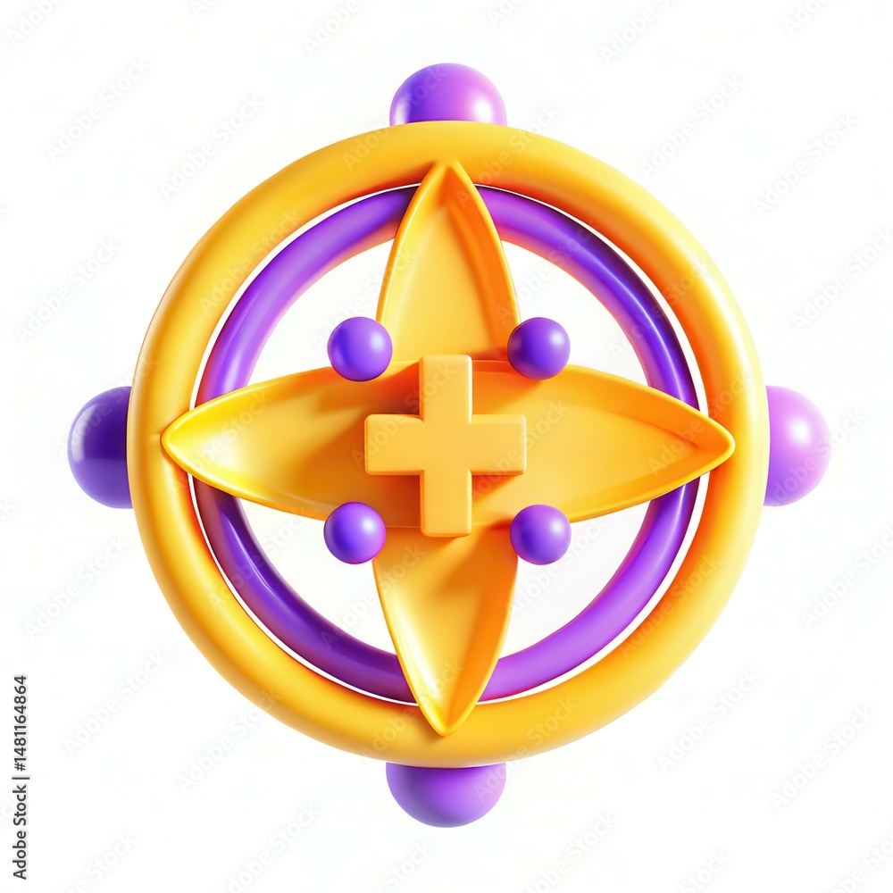 Poster a colorful 3d design featuring a symmetrical pattern in vibrant yellow and purple hues with circular