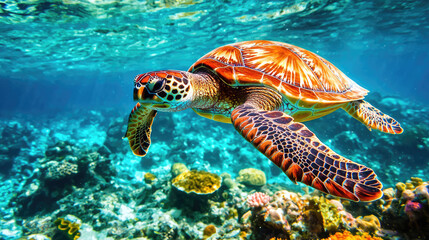 Obraz premium A sea turtle gracefully swims above vibrant coral. Sunlight filters through the water