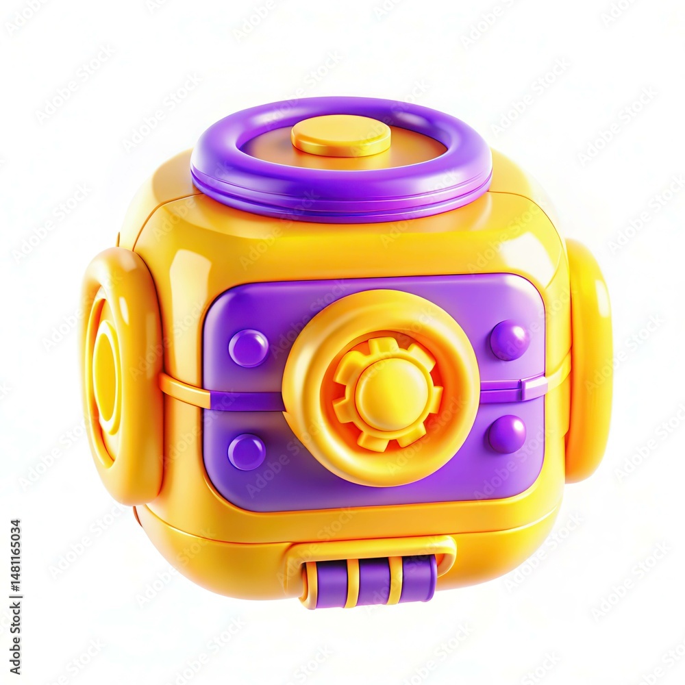 Poster a colorful toy block with vibrant purple and yellow colors, featuring an intricate design and modern