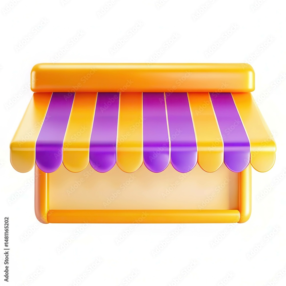 Poster a colorful store kiosk with a striped awning in yellow and purple, featuring a smooth design and mod