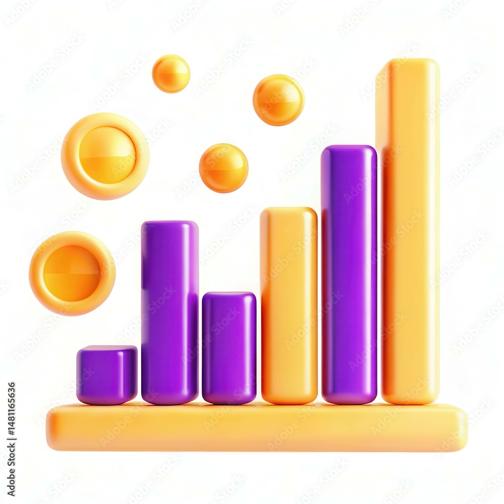 Poster a colorful 3d bar graph with varying heights and circular elements, showcasing modern design and vib