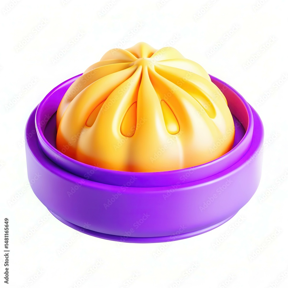 Poster a vibrant, modern yellow dumpling-shaped object nestled in a purple container, showcasing colorful d