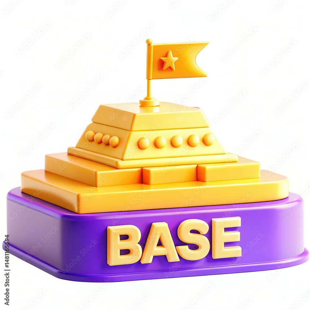 Poster a colorful 3d model of a yellow base with a flag, featuring a modern design and playful texture elem