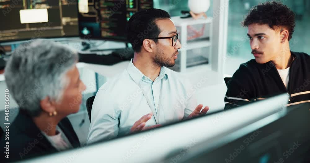 Poster People, mentor and developer with computer in office of programming, information and software update. Above, staff and explain process of website development, coding server and troubleshooting system