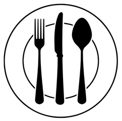 Silhouette of Plate with Fork, Knife, and Spoon. Restaurant, Food Service, Dining Etiquette, Culinary Culture, Meal Preparation and Table Setting Graphic