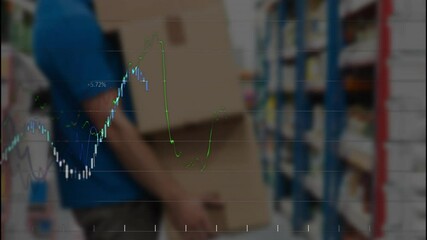 Man carrying cardboard box in warehouse aisle, displaying animated finance chart with line graphs - Powered by Adobe