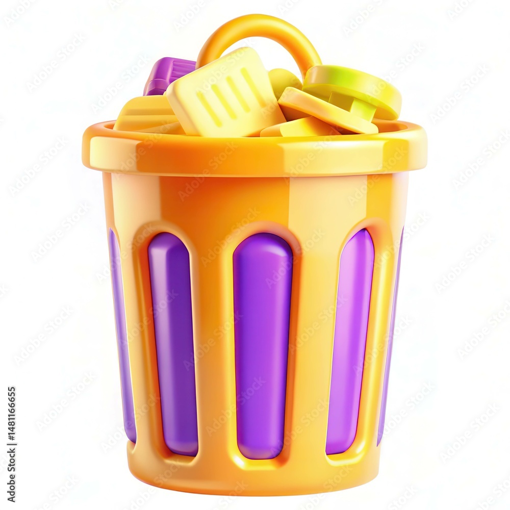 Poster a colorful toy trash can filled with assorted plastic blocks in various shapes and colors.