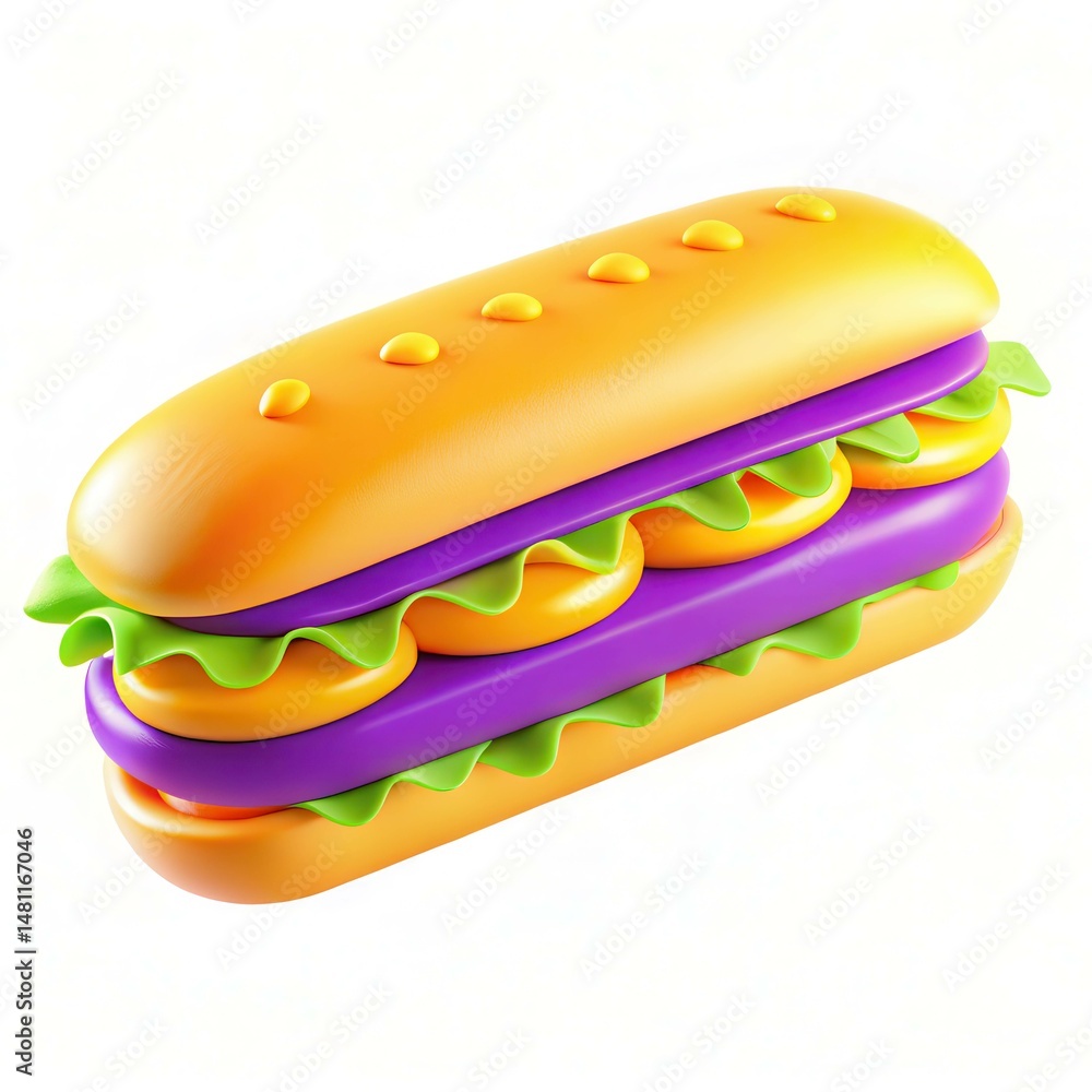 Poster a colorful 3d rendering of a playful sandwich with layers of yellow and purple toppings.