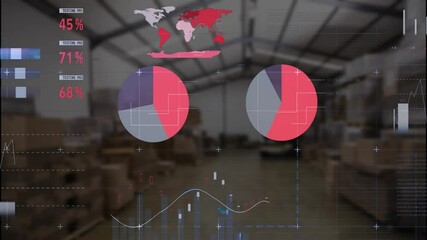 Digital data overlay animating in blurred warehouse scene, showing world map, pie chart, bar graph - Powered by Adobe