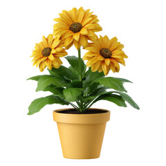 Obraz premium Bright Yellow Sunflowers in a Decorative Pot with Fresh Green Leaves