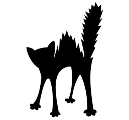 Silhouette of a Frightened Cat with Arched Back and Raised Fur. Animal Defensive Posture, Fear Reaction, Halloween, Feline Behavior, Instinctive Response to Threat