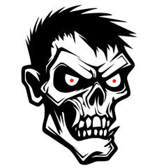 Zombie Skull with Red Eyes and Aggressive Expression. Horror in Comic Style, Undead Monster, Scary Face of Apocalypse, Death and Infection, Creepy Undead Creature for Horror