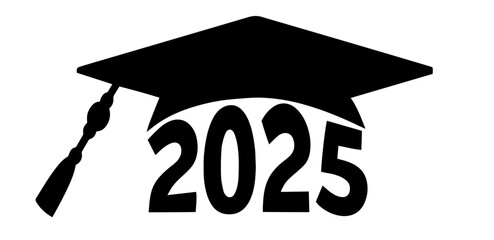 Silhouette of a Graduation Cap with Tassel and Year 2025. Academic Achievement Symbol, Class of 2025, Graduation Ceremony, End of School or University Education, New Career Chapter