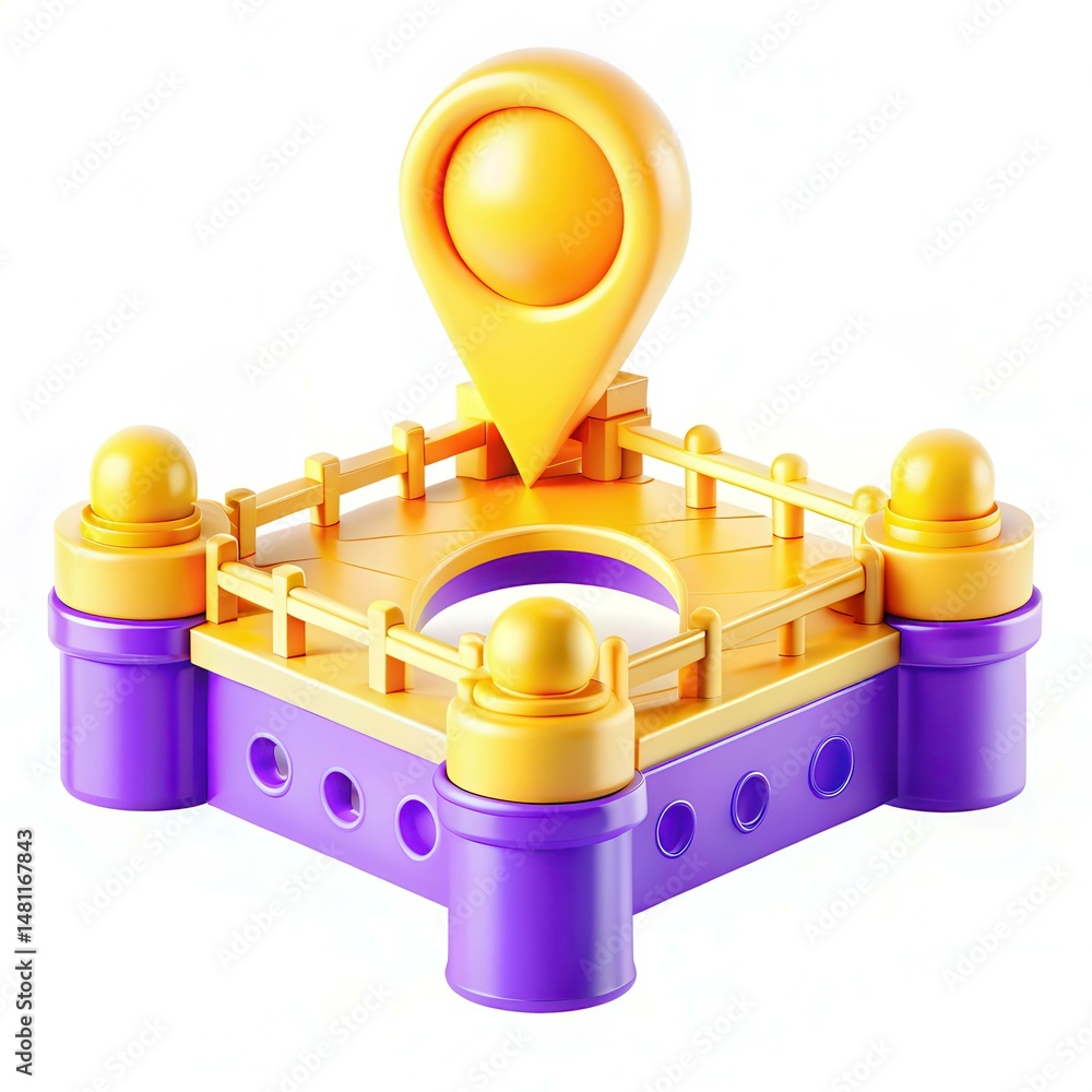 Aufkleber a colorful 3d rendering of a yellow and purple platform with a location pin symbol on top.