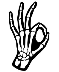 Detailed Skeleton Hand Making OK Sign, Bony Fingers Forming Classic Gesture. Anatomical, Halloween, Gothic, Dark Humor and Alternative Subculture Imagery